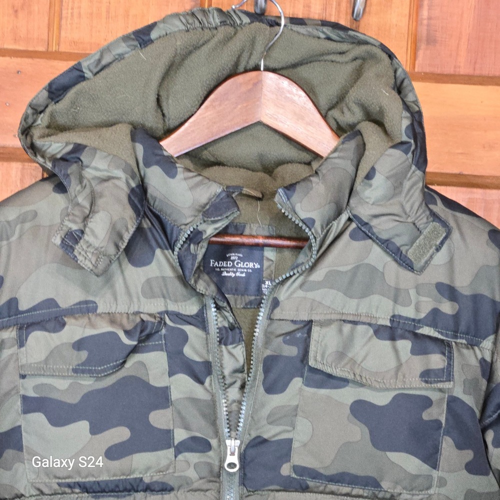 Faded Glory Boys Green Camo Puffer Jacket Hooded Fleece Lined XL 14-16 FB01100YC